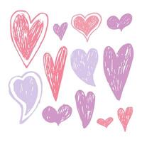 Illustration of a hand drawn set of pink and purple hearts in pencil sketch style. Isolated on a white background. Soft, romantic, and playful elements for love themed designs vector