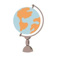 Flat illustration of a hand drawn globe, featuring a simplified world map on a stand. Isolated on a white background. Perfect for school, travel, or geography themed designs. vector