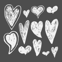 Illustration of a hand drawn set of white hearts in pencil sketch style, isolated on a black background. Simple and expressive romantic elements for love themed or decorative designs vector