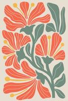 Flat Illustration inspired by Henri Matisses cut out style, featuring vintage abstract orange flowers and green leaves, hand drawn and arranged on a gray background. vector