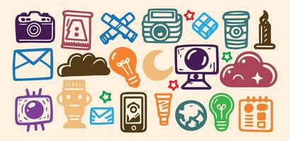 Colorful doodle element set of various simple random icons. vector