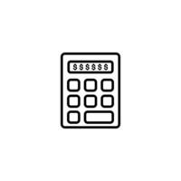 Simple black line art calculator icon showing dollar signs. Represents finance, accounting, and budgeting. vector