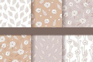Set of seamless patterns with poppies, bohemian style. vector