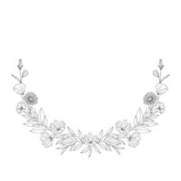 Floral wreath, frame of branches with leaves and flowers, outline vector