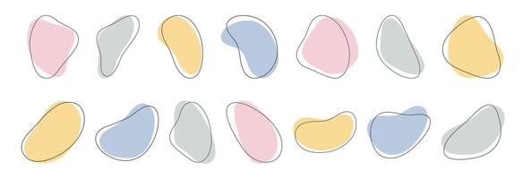 Organic shapes in soft colors with stroke lines. Set of abstract elements, isolated on white. Hand-drawn illustration. Templates for design of social media posts, covers, posters, backgrounds vector