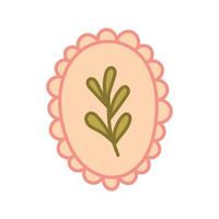 Boho oval badge with green botanical leaf and pink lace frame vector