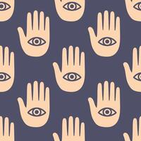 Boho hamsa hand with eye seamless pattern on dark background vector