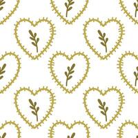 Boho stitched hearts with olive branches seamless pattern vector