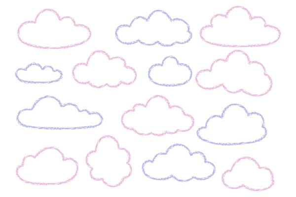Pastel crayon pencil cloud doodles in blue and pink