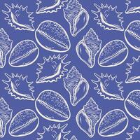 White seashell sketch pattern on navy blue background vector