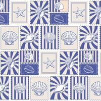Seashell postage stamp grid pattern in vintage style vector