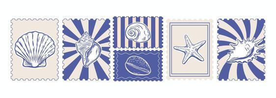 Row of marine vintage stamps with seashell drawings vector