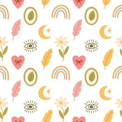 Boho icons pattern with rainbows and moons