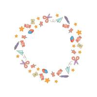 Circular frame with school supplies and candy icons vector