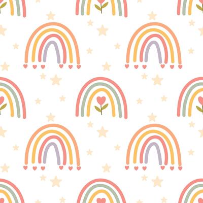 Seamless rainbow pattern with hearts and flowers