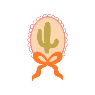 Boho cactus in pink scalloped frame with orange ribbon decoration