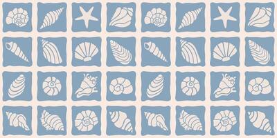 Seamless marine pattern in linocut, mosaic style. Hand drawn simple seashells. summer print vector