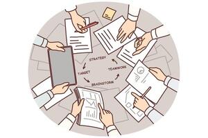 Hands of people over table with documents doing teamwork and strategizing during brainstorming vector