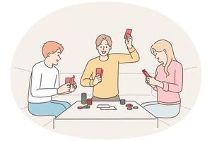 Group of friends playing poker sitting at table with chips enjoy gambling and relaxing together vector