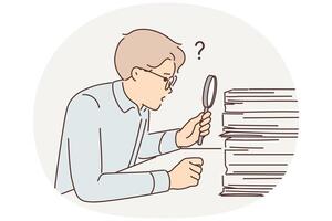Man auditor looking for errors in financial statements by looking through pile documents via loupe vector