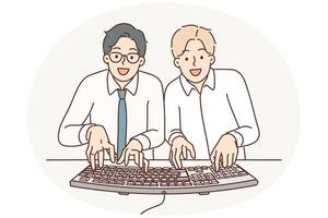 Two man computer geeks use keyboard to type code at same time to develop programs or applications vector