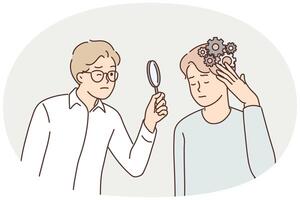 Man with mess in head near psychologist using magnifying glass analyzing patient problem vector