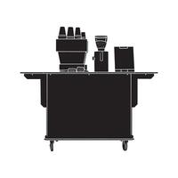Clean line art rendering of a portable coffee stand, featuring coffee machine, grinder, and cups vector