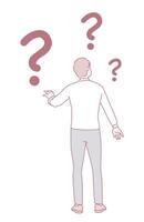 A confused person is surrounded by floating question marks, symbolizing uncertainty and inquiry vector