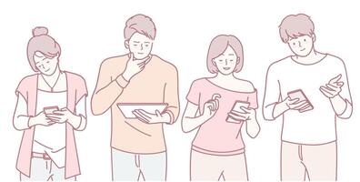 Diverse individuals engage with technology and mobile devices, showcasing modern lifestyles vector