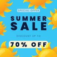 Summer Sale Banner Design with Smiling Suns on Blue Sky Background Illustration. vector