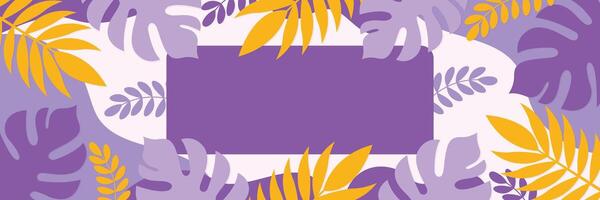 banner with tropical leaves and copy space for text in violet colors illustration. vector