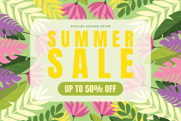 Summer Sale Banner with Tropical Floral Frame in Soft Green Tones Illustration.