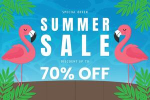 Summer Sale Banner with Flamingos by the Pool Tropical Flat Illustration. vector