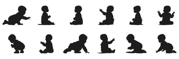 Baby Poses In Silhouette Set. Infant Development And Movement Symbol Collection. Parenting And Childcare Use. vector