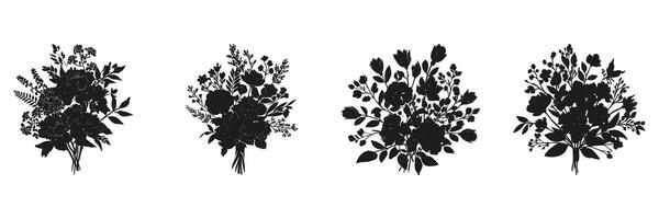 Floral Bouquet Silhouettes In Icon Set. Botanical Arrangement And Nature Decoration Symbol Collection. Design And Decorative Use. vector