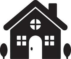 Charming Black Silhouette House Icon Peaceful Suburban Home with Trees, Ideal for Real Estate and Home Design vector