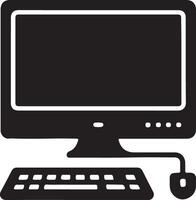 Simple Black Silhouette of Desktop Computer, Keyboard, and Mouse Minimalist Digital Device Illustration, Clean Design vector