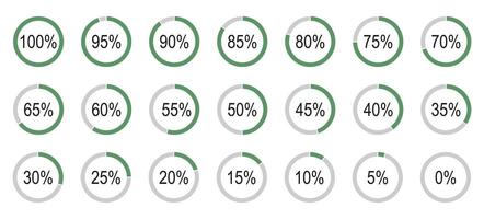 Percentage infographics elements. Green, grey color fill pie charts indicator template. Round diagrams icons for infographics from 0 to 100 percent collection. Set of circle graph loading progress. vector