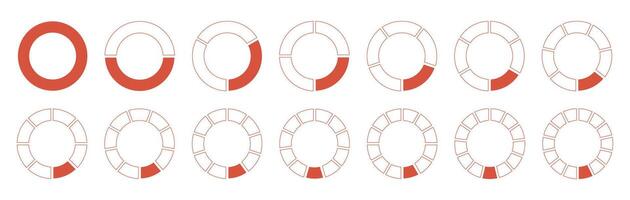 Circles divided diagrams 1, 2, 3, 10, 7, 8, 9, 10, 11, 12, 13, 14 equal parts. Pie, pizza graph shape section charts icons. Coaching blank simple template. Red segments wheel round divide infographic. vector