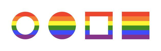 Rainbow flag frames. Gay pride circle, square backdrops. Progress flat Logo symbols badges. LGBT icon. Set of stickers in rainbow colors. Rounds, rectangles button, borders. Minimalist template design vector