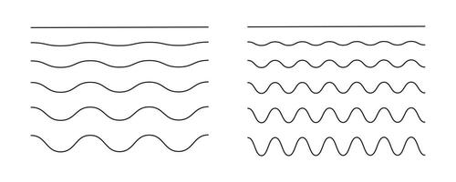 Wavy, curvy, zigzag lines. Undulate borders, transverse horizontal line collection. Sine, fluid, air, wind signs, template. Water, river, lake, sea, ocean symbol, icon. Outline graphic illustration. vector