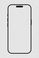 Smartphone black frame. Gadget simple symbol. Device front view template. Sign for website design, mobile app. Blank smart phone screen pattern. Mobile phone icon isolated on a checkered background. vector