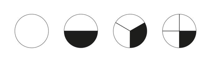 Round divided diagrams with from one to four segments. Circle division on from 1 to 4 equal parts. Infographic samples. Coaching blank. Outline graphics. Pizza, pie charts. Segmented black pinwheel. vector