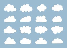White clouds in blue sky. Puffy, fluffy, cumulus clouds on blue backdrop. Cloudy shapes pattern. Weather abstract elements template. Objects cloudscape. vector