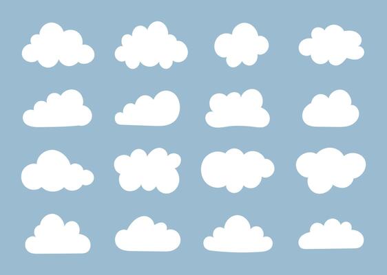 White clouds in blue sky. Puffy, fluffy, cumulus clouds on blue backdrop. Cloudy shapes pattern. Weather abstract elements template. Objects cloudscape.