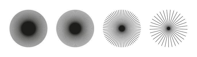 Radial circle lines icons. Circular lines elements set. Symbol of Sun star rays. Flat design stickers. Spokes with radiating stripes pattern. Abstract illusion geometric shapes templates. vector