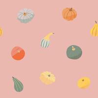 Thanksgiving seamless pattern on pink background. Illustration for textile, table cloth, or napkin. Repetitive background with different kinds of pumpkin and squash vector