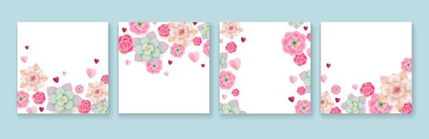 Square backgrounds with flowers on white background. Templates for social media post, greeting card, banner or invitation design. Floral frame illustration vector