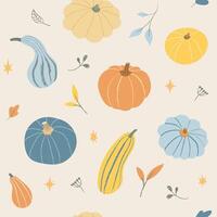 Autumn pumpkin pattern in pastel colors. Seamless design with squash, falling leaves and stars on light beige background. Illustration for textile, wrapping paper and more vector
