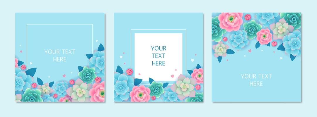 Blue square floral background templates with space for text. Set of designs with flowers and hearts. Suitable for social media, banner, invitation or card